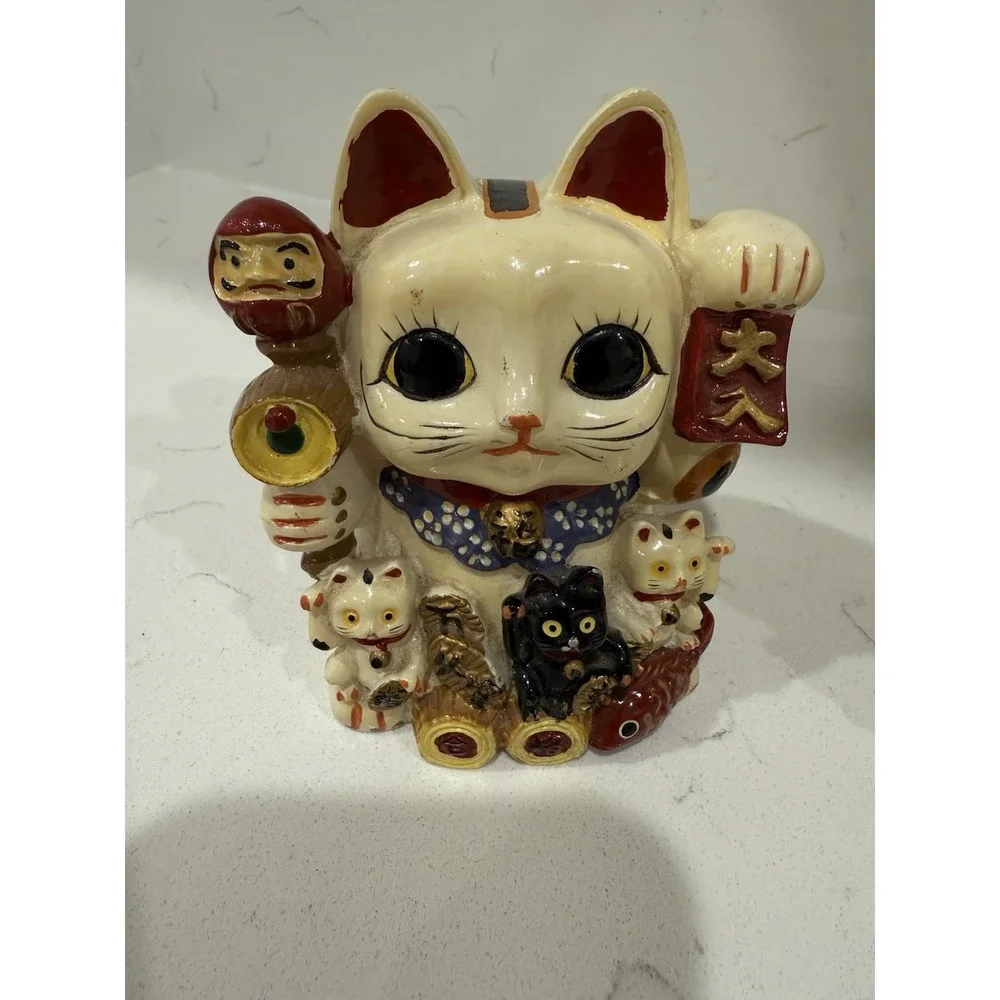Lot Of 2 Japanese Maneki Neko Lucky Cat Coin Bank Koneko Ceramic 4